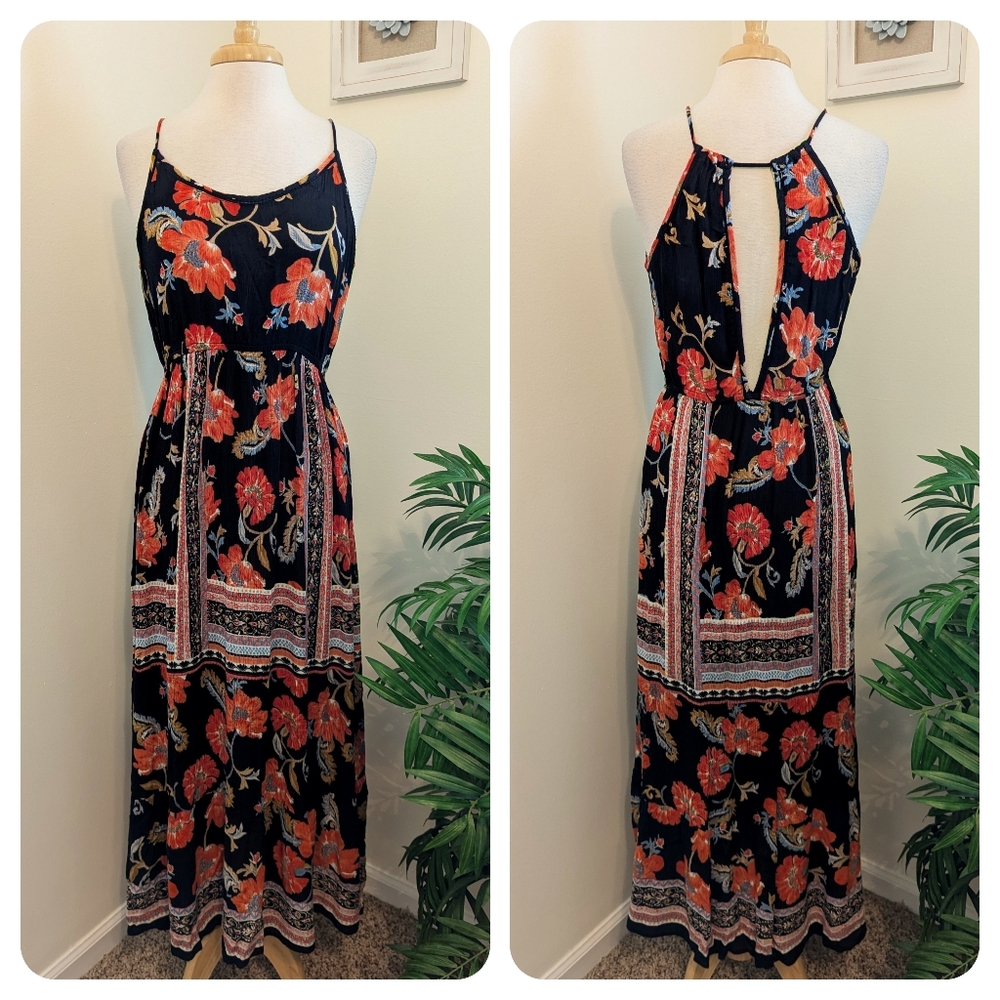 Patrons Of Peace Floral Open Back Sleeveless Maxi Dress Black Multicolor Large